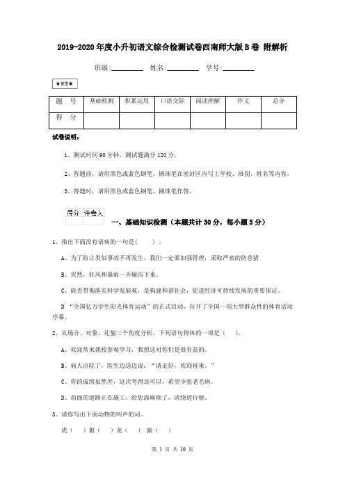 2019-2020年度小升初语文综合检测试卷西南师大版B卷 附解析