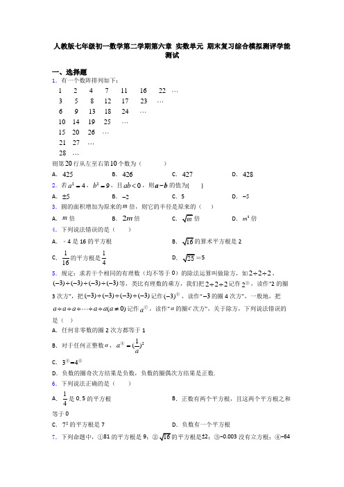 人教版七年级初一数学第二学期第六章 实数单元 期末复习综合模拟测评学能测试