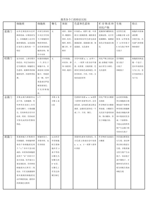 藻类各个门的特征比较