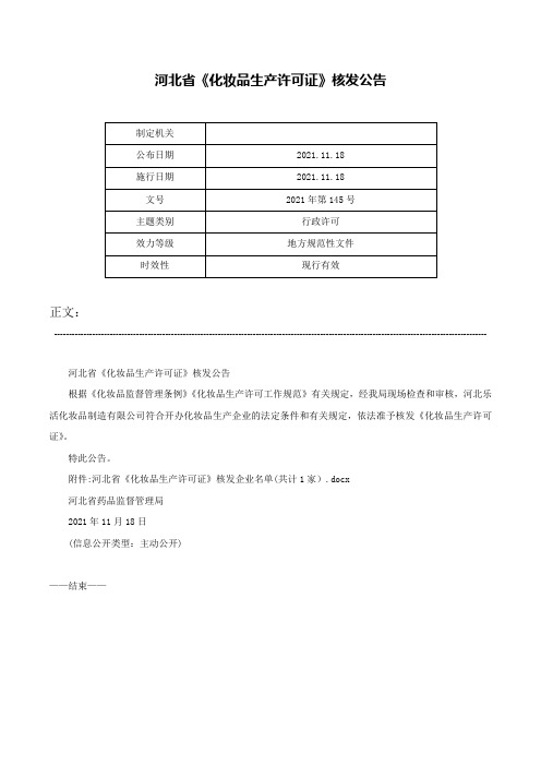 河北省《化妆品生产许可证》核发公告-2021年第145号