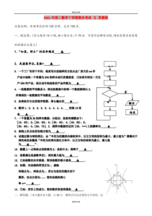 2021年高二数学下学期期末考试 文 苏教版