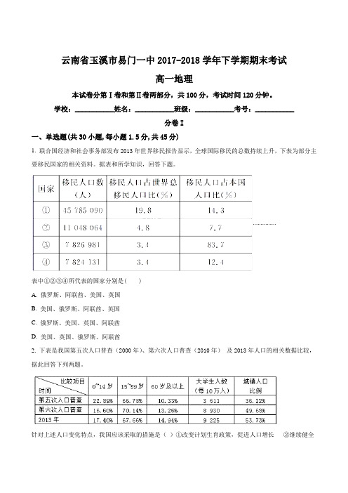 云南省玉溪市易门一中2017-2018学年下学期期末考试 高一地理(原卷版)