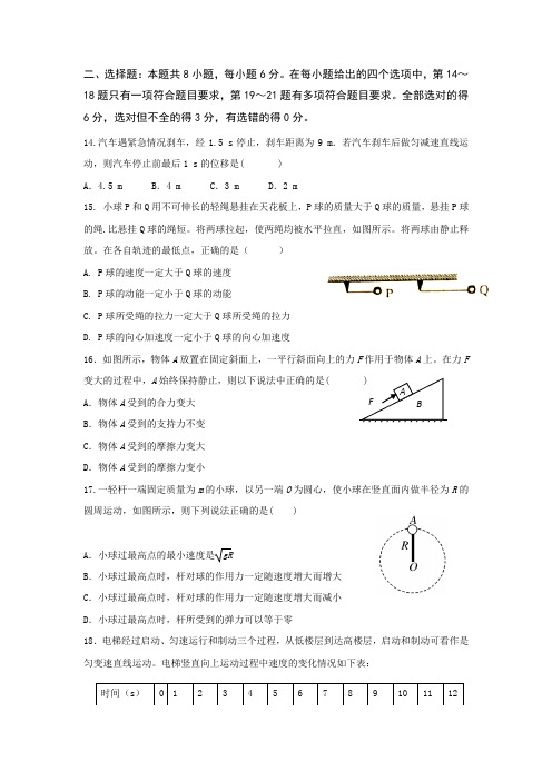 广东省潮阳市黄图盛中学2017届高三上学期期中考试理科综合物理试题Word版含答案