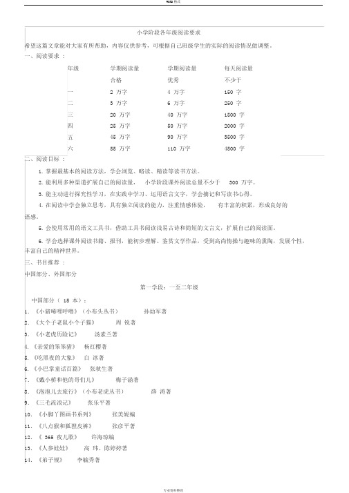 小学阶段各年级阅读要求