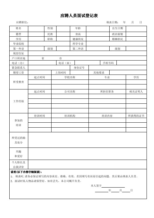 应聘人员面试登记表