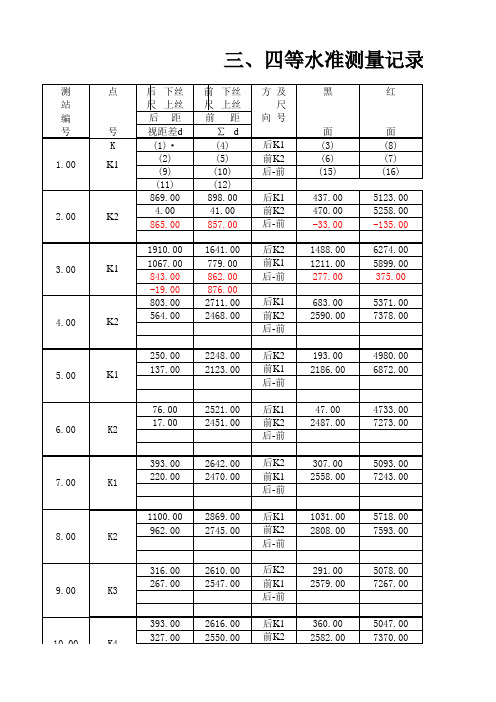 三四等水准测量记录表(计算过程示例)