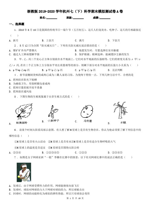 浙教版2019-2020学年杭州七(下)科学期末模拟测试卷A卷