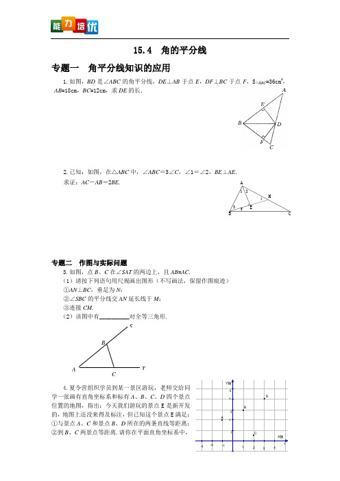 【2013版新教材】八年级数学沪科版上册【能力培优】专题训练：15.4  角的平分线(含答案)