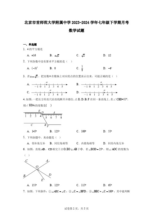 北京市首师范大学附属中学2023-2024学年七年级下学期月考数学试题