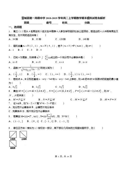 蒙城县第一高级中学2018-2019学年高二上学期数学期末模拟试卷含解析