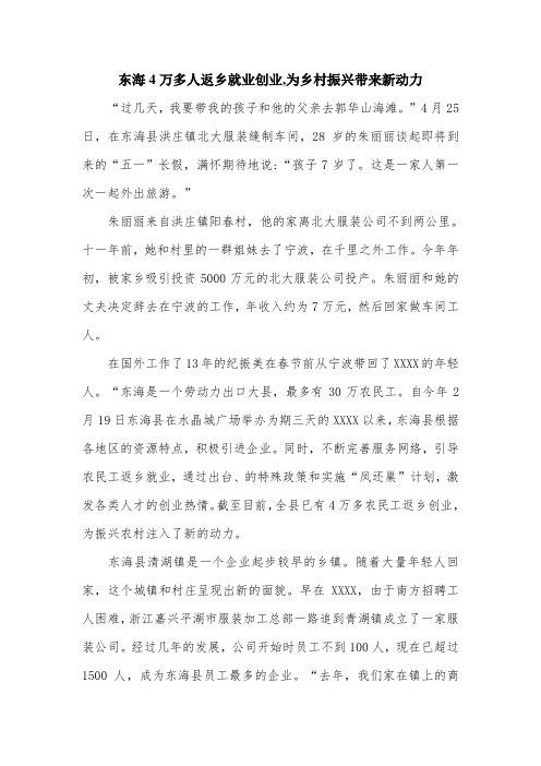 东海4万多人返乡就业创业,为乡村振兴带来新动力.doc