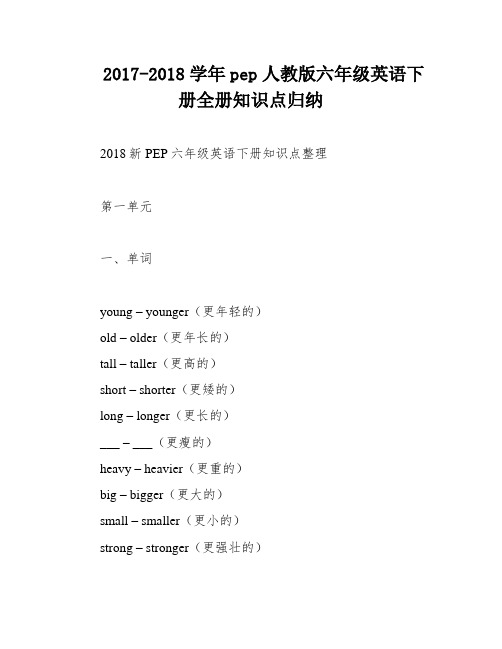 2017-2018学年pep人教版六年级英语下册全册知识点归纳