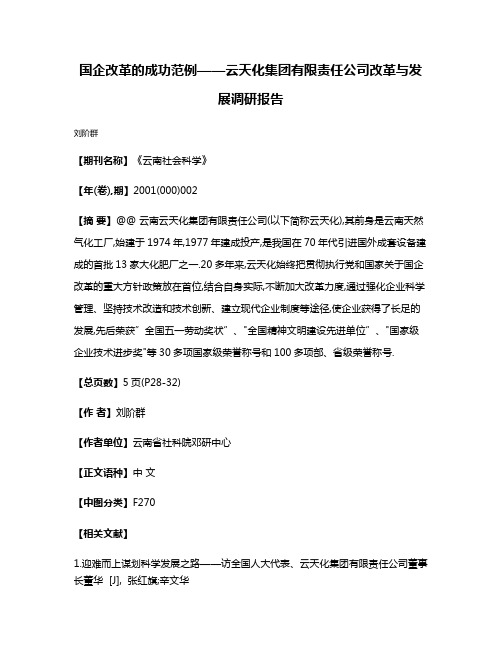 国企改革的成功范例——云天化集团有限责任公司改革与发展调研报告