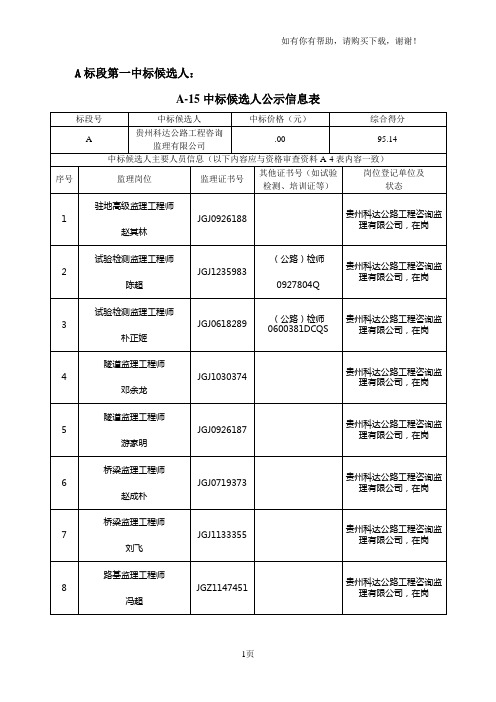 A标段第一中标候选人：