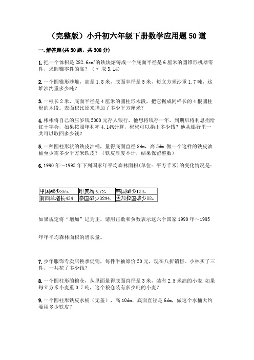 (完整版)小升初六年级下册数学应用题50道含答案【精练】