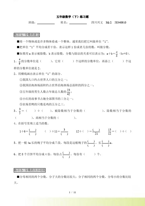 西师版小学五年级下知识点复习题汇总