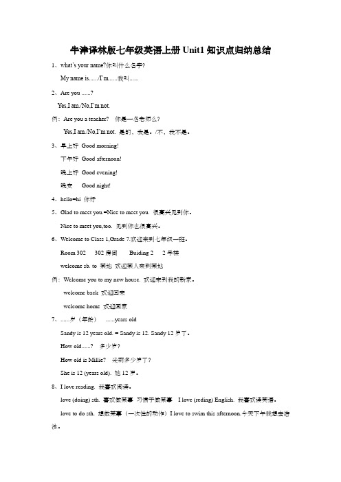 牛津译林版七年级英语上册Unit1知识点归纳总结