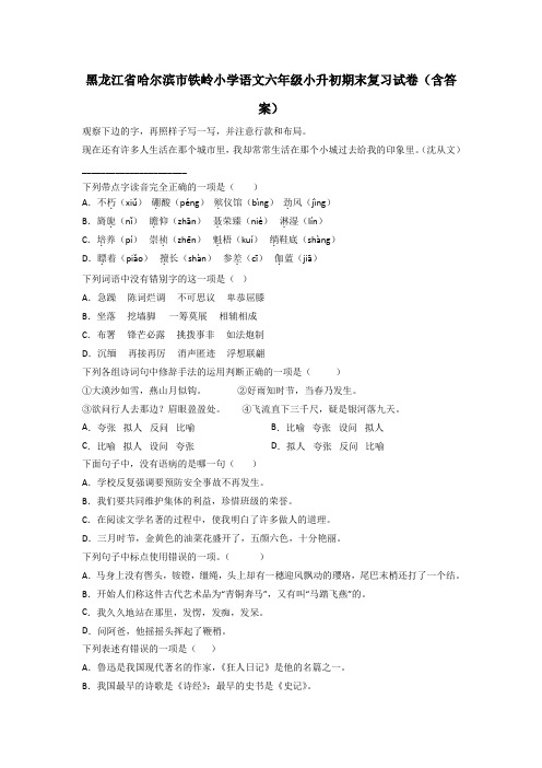 黑龙江省哈尔滨市铁岭小学语文六年级小升初期末复习试卷(含答案)