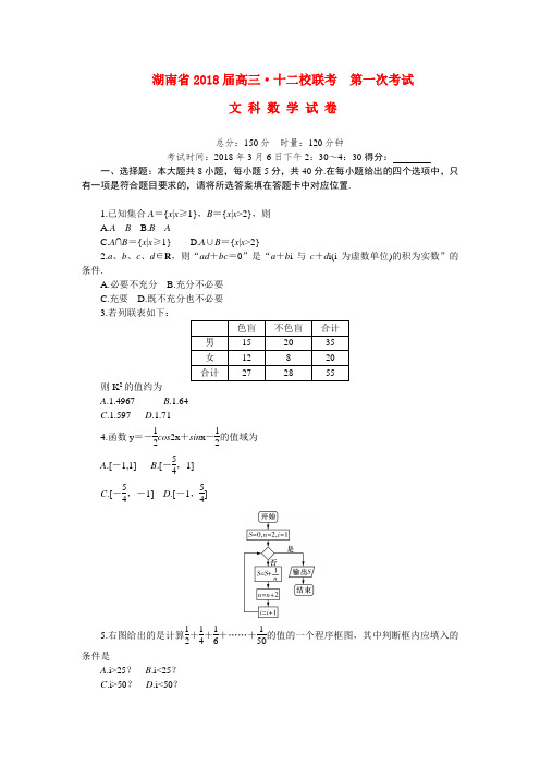 最新-湖南省2018届高三数学‘十二校联考’第一次考试 文 精品