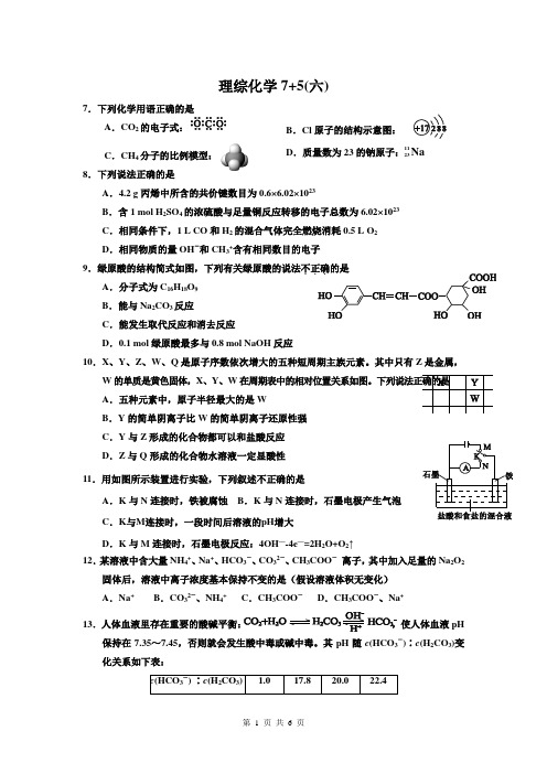 2015届高三理综化学专题强化训练“7+5”(6)