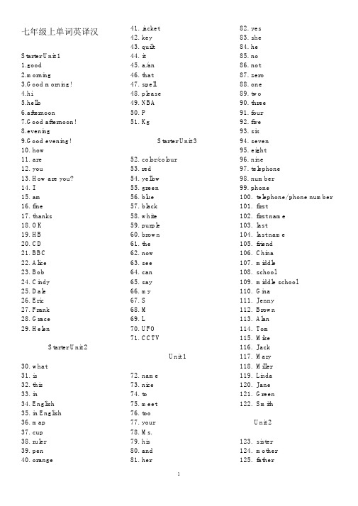 新人教版七年级上册英语单词默写-英译汉资料.doc