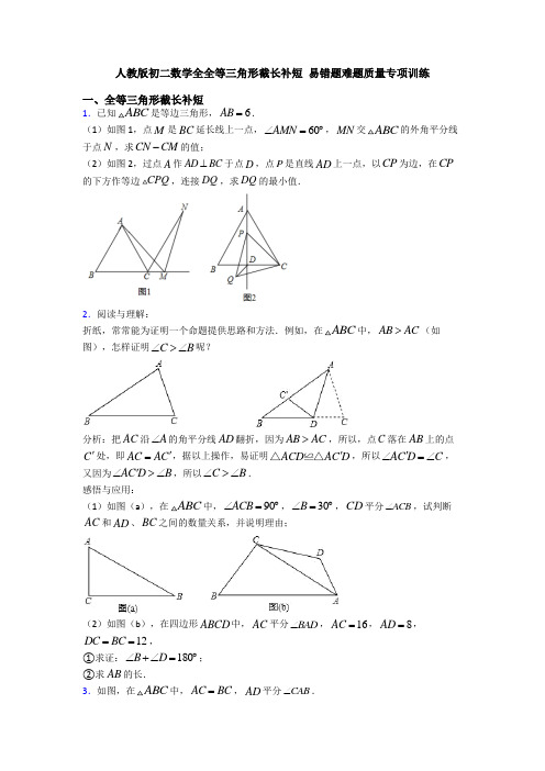 人教版初二数学全全等三角形截长补短 易错题难题质量专项训练