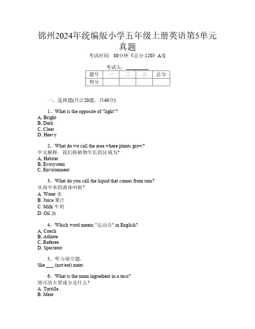 锦州2024年统编版小学五年级上册L卷英语第5单元真题