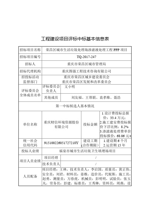 工程建设项目评标中标基本信息表