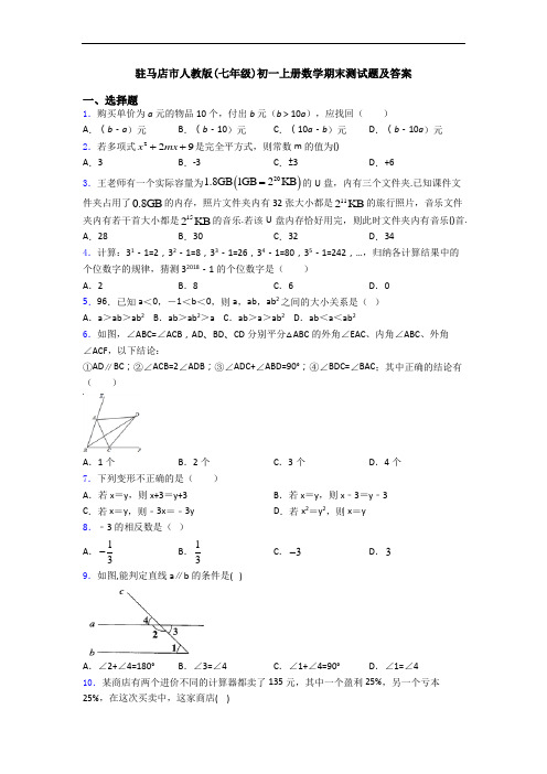 驻马店市人教版(七年级)初一上册数学期末测试题及答案