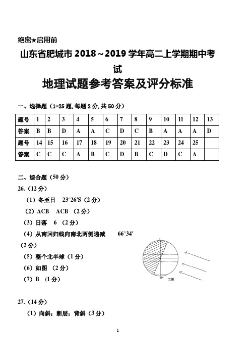 2018～2019学年山东省肥城市高二上学期期中考试地理答案