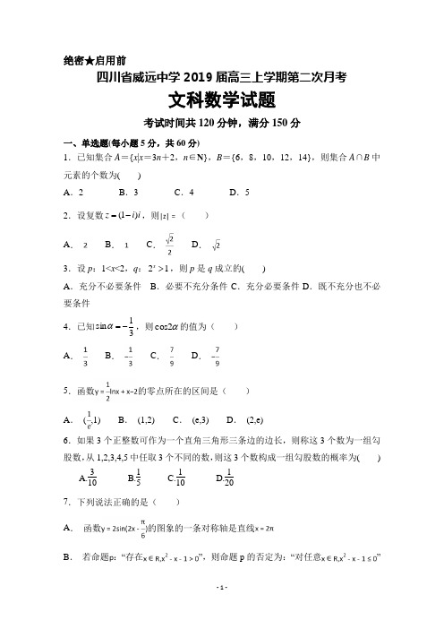 四川省威远中学2019届高三上学期第二次月考数学(文)试题+Word版含答案
