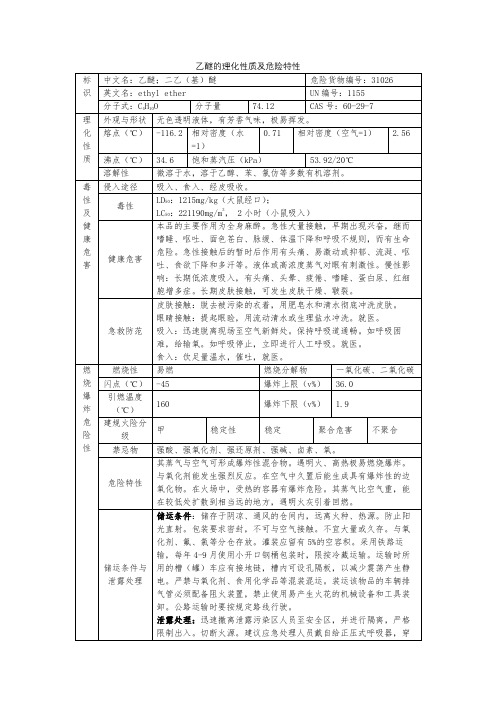 乙醚的理化性质及危险特性