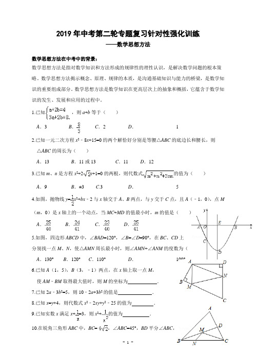2019年中考第二轮专题复习针对性强化训练--数学思想方法
