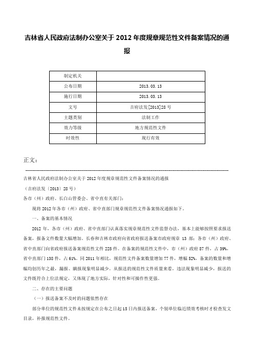 吉林省人民政府法制办公室关于2012年度规章规范性文件备案情况的通报-吉府法发[2013]28号