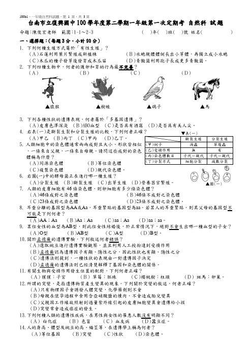 台南市立复兴国中九十二学年第二学期第次定期考科试题