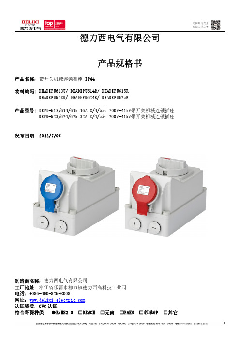 德力西电气 带开关机械连锁插座 IP44  DEPU-613 产品规格书