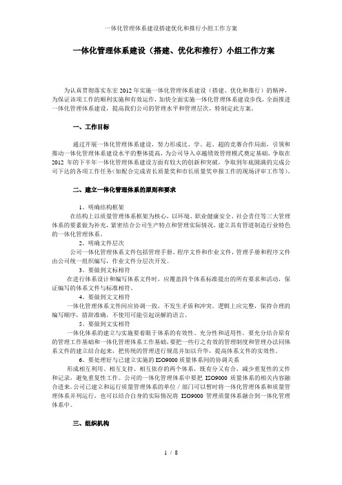 一体化管理体系建设搭建优化和推行小组工作方案