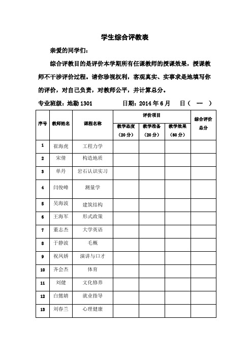 综合评教表格