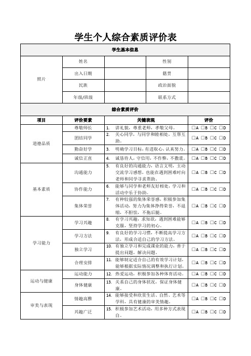 学生个人综合素质评价表