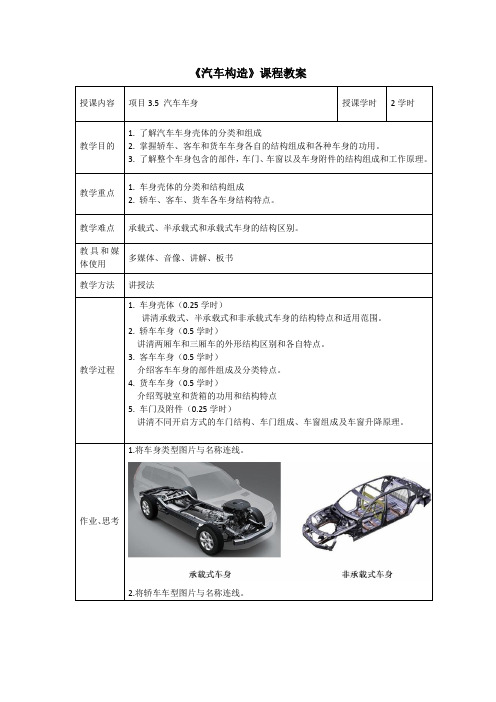 汽车构造课程教案—项目3.5 汽车车身