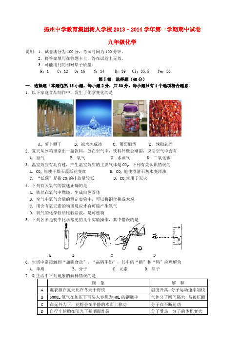 江苏省扬州中学教育集团树人学校九年级化学上学期期中试题 沪教版