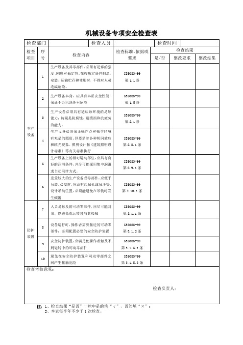 机械设备检查表