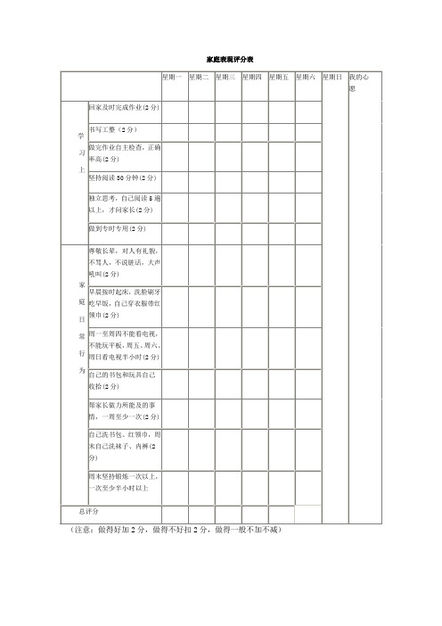 小学生家庭规则打分表