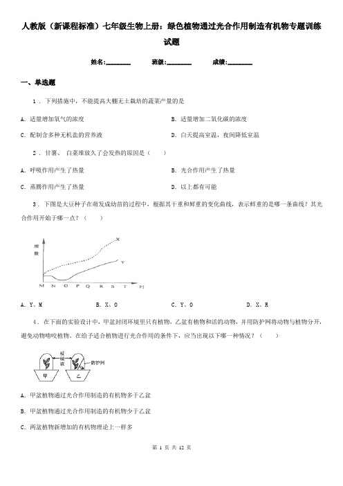 人教版(新课程标准)七年级生物上册：绿色植物通过光合作用制造有机物专题训练试题