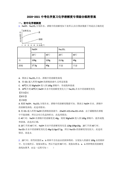 2020-2021中考化学复习化学溶解度专项综合练附答案