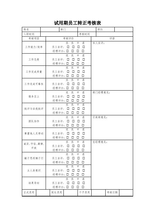 试用期员工转正考核表