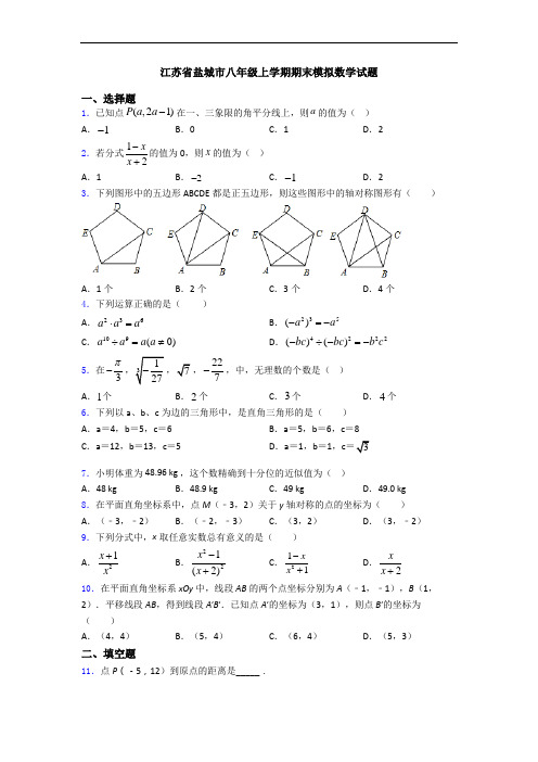 江苏省盐城市八年级上学期期末模拟数学试题