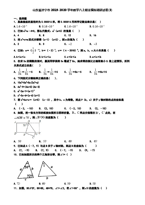 山东省济宁市2019-2020学年数学八上期末模拟调研试卷(3)