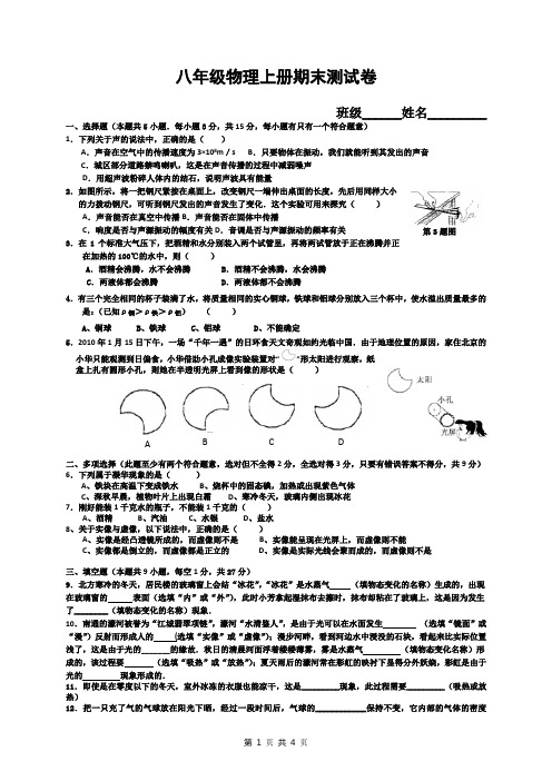 2012-2013上学期八年级物理期末测试卷1(已编辑,两节课考)