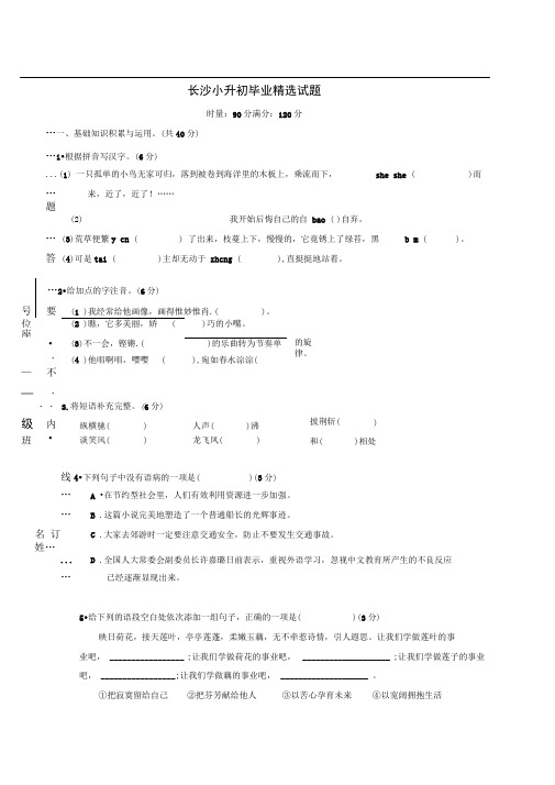 六年级下册语文试题-.长沙小升初精选试卷人教新课标(含答案)